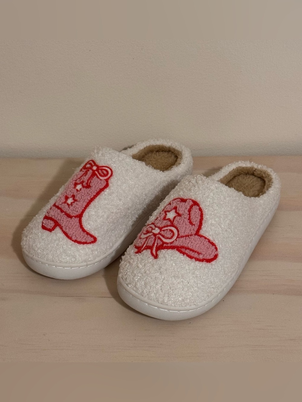 Womens Fuzzy Plush Cozy NonSlip Indoor Home Slippers Pink Cowgirl Med 7/8 NEW